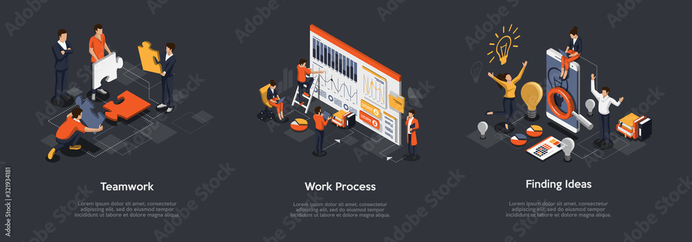 Teamwork Process Visual Isometric Set Of Teamwork Process, Work Process And Finding Ideas ...