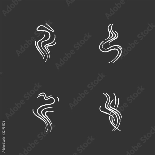 Odor chalk white icons set on black background. Good smell. Fluid, nice perfume scent. Aromatic fragrance flowing curves. Smoke puff, hot steam curls. Isolated vector chalkboard illustrations