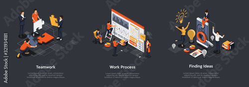 Isometric Set Of Teamwork Process, Work Process And Finding Ideas Concept. 3d Isometric Illustration Of Digital Marketing And Development. Vector illustration
