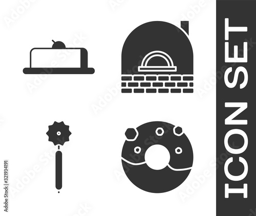 Set Donut with sweet glaze , Strawberry cheesecake slice, Pizza knife  and Brick stove  icon. Vector