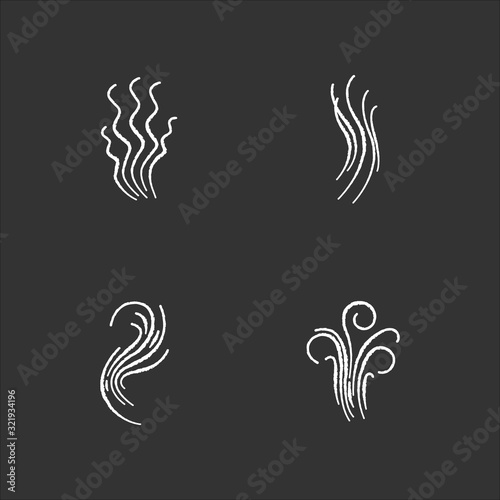 Smell chalk white icons set on black background. Good and bad scent. Fluid odor, perfume scent. Aromatic fragrance curves. Smoke stream, fume swirls. Isolated vector chalkboard illustrations