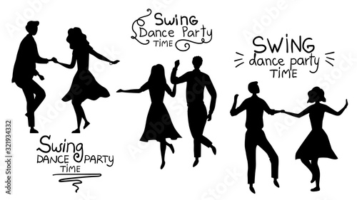 Swind Dance Party Time Concept. Black Silhouettes Of Young Couples are Dancing Swing, Rock and Roll or Lindy Hop. Flat Style. Vector Illustration