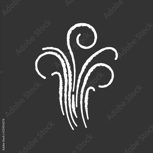 Air swirl chalk white icon on black background. Cold fresh wind gust. Whirlwind. Good smell, evaporation. Smoke puff, breeze. Cool windy stream, fume. Isolated vector chalkboard illustration