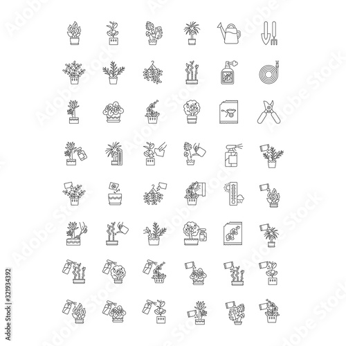 Houseplant caring pixel perfect linear icons set. Indoor gardening tools. Watering, fertilizing. Customizable thin line contour symbols. Isolated vector outline illustrations. Editable stroke