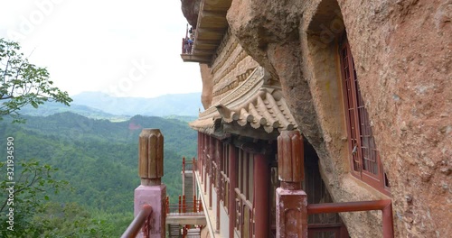 Maijishan Cave-Temple Complex corridor and ladder in Tianshui city, Gansu Province China. A mountain with religious caves on the Silk Road
