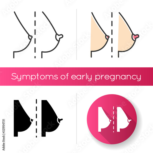 Breast and nipple change icon. Early symptom of pregnancy. Female anatomy. Swollen chest. Healthcare for women. Breast cancer. Linear black and RGB color styles. Isolated vector illustrations