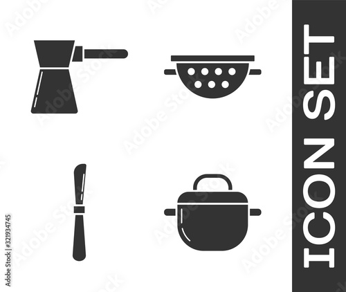 Set Cooking pot , Coffee turk , Knife  and Kitchen colander  icon. Vector