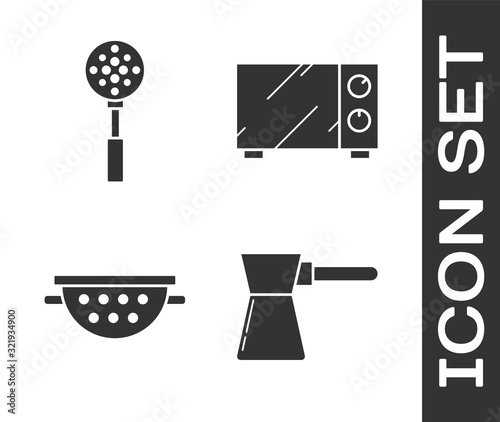 Set Coffee turk , Spatula , Kitchen colander  and Microwave oven  icon. Vector