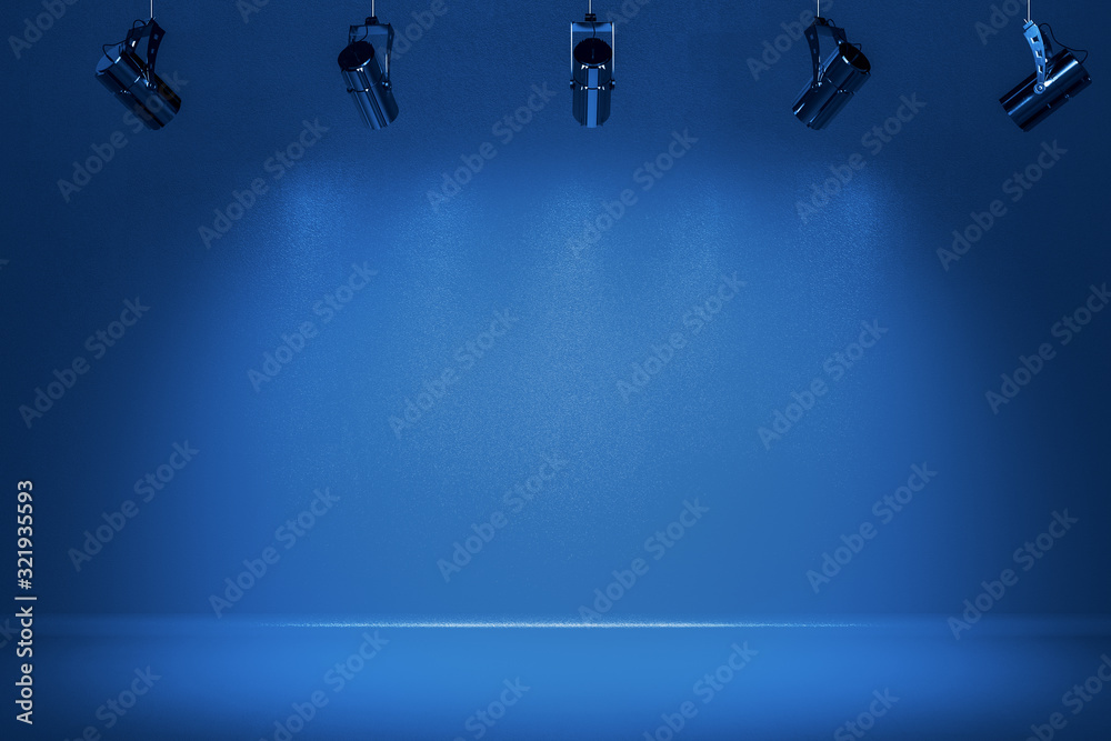Illuminated bluevstage with spotlight. - obrazy, fototapety, plakaty 