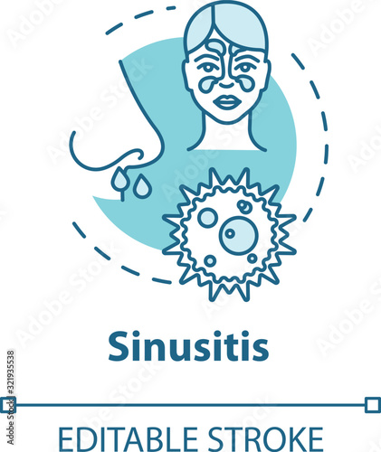 Sinusitis concept icon. Stuffy nose. Influenza complication. Respiratory illness. Nasal problem. Flu infection idea thin line illustration. Vector isolated outline RGB color drawing. Editable stroke