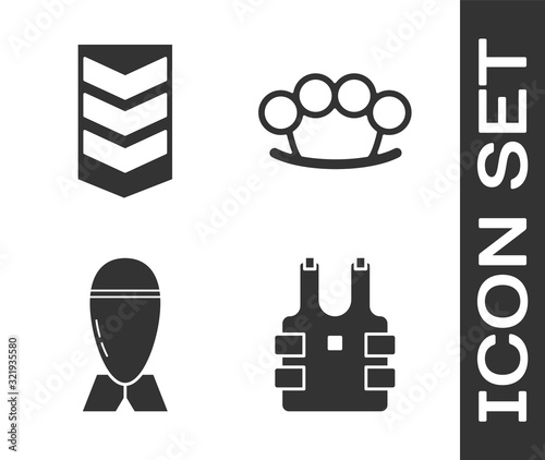 Set Bulletproof vest for protection from bullets , Military rank , Aviation bomb  and Brass knuckles  icon. Vector