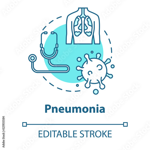 Pneumonia concept icon. Inflamed trachea. Disease diagnosis. Respiratory illness. Bronchi, trachea. Healthcare idea thin line illustration. Vector isolated outline RGB color drawing. Editable stroke