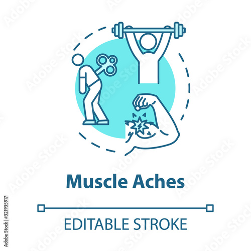 Muscle aches concept icon. Physical strain. Shoulder problem. Hurt from overwork. Joint pain. Influenza symptom idea thin line illustration. Vector isolated outline RGB color drawing. Editable stroke