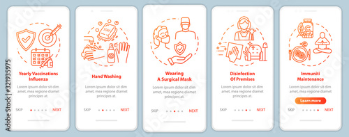 Immunization onboarding mobile app page screen with concepts. Vitamin intake. Immunity protection walkthrough 5 steps graphic instructions. UI vector template with RGB color illustrations