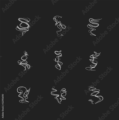 Odor chalk white icons set on black background. Wave of fragrance. Smell from hookah. Aroma from smoking cannabis. Cigarette stream. Stink, fog. Isolated vector chalkboard illustrations