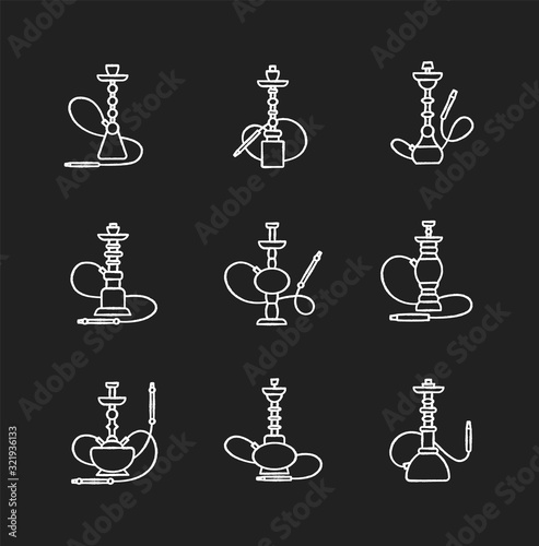 Hookah chalk white icons set on black background. Shisha with wire. Sheesha house. Nargile lounge. Odor from pipe. Scent of vaporizing. Smoking area. Isolated vector chalkboard illustrations