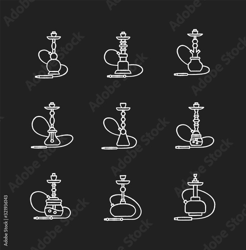 Hookah chalk white icons set on black background. Custom object. Sheesha house. Nargile lounge. Odor from pipe. Scent of vaporizing. Smoking area. Isolated vector chalkboard illustrations
