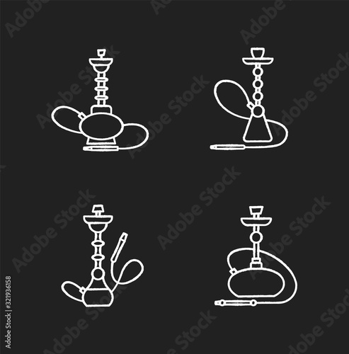 Hookah chalk white icons set on black background. Amusement with friends. Sheesha house. Nargile lounge. Odor from pipe. Scent of vaporizing. Smoking area. Isolated vector chalkboard illustrations
