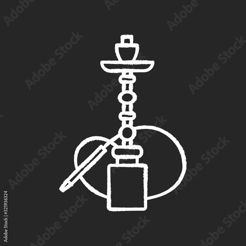 Hookah chalk white icon on black background. Sheesha house. Shisha bar for leisure. Nargile lounge. Odor from pipe. Scent of vaporizing. Smoking area. Isolated vector chalkboard illustration
