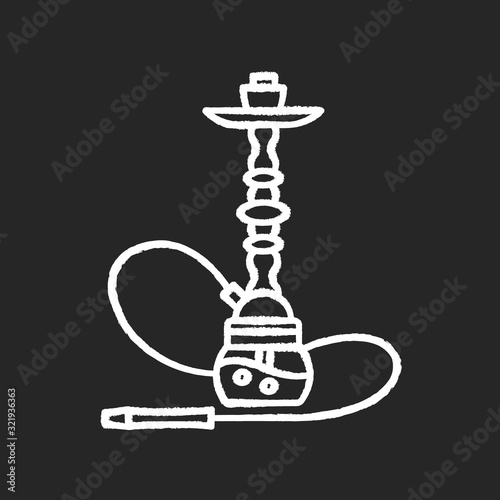 Hookah chalk white icon on black background. Sheesha house. Nargile lounge. Odor from pipe. Scent of vaporizing. Smoking area. Round bowl base. Isolated vector chalkboard illustration