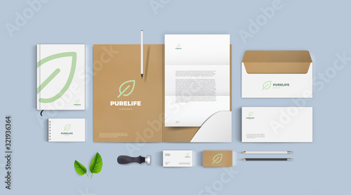Realistic corporate branding mockup set. Identity with eco natural green logo and cardboard background. Modern style for presentation your company. Pure life logo with leaf sign.
