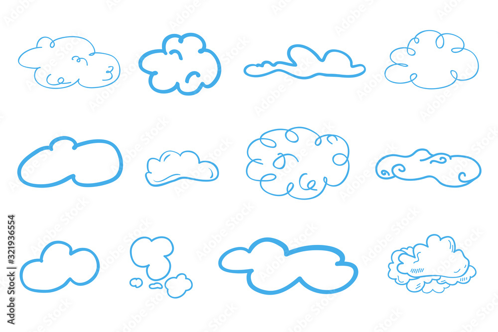 Colorful outlined cloud on isolated background. Sketchy doodles on white. Hand drawn clouds. Colored illustration. Nature concept - obrazy, fototapety, plakaty 