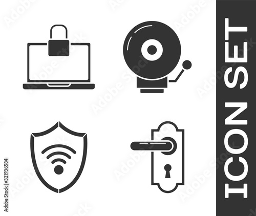 Set Door handle , Laptop and lock , Shield with WiFi wireless internet network and Ringing alarm bell icon. Vector