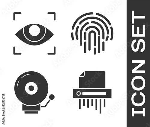 Set Paper shredder confidential, Eye scan , Ringing alarm bell and Fingerprint icon. Vector