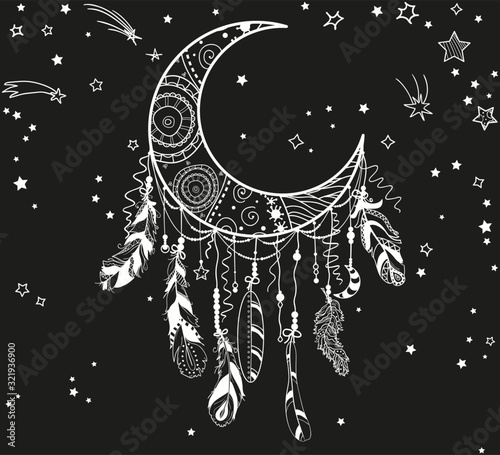 White dreamcatcher with stars on black. Abstract ornate object. Design for spiritual relaxation for adults