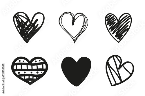Abstract black heart. Love symbol. Hand drawn sketchy hearts. Black and white illustration