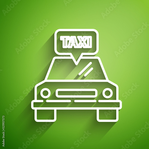 White line Taxi car icon isolated on green background. Vector Illustration
