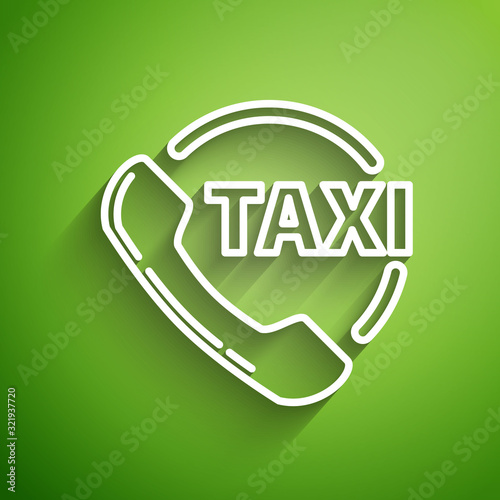 White line Taxi call telephone service icon isolated on green background. Taxi for smartphone. Vector Illustration
