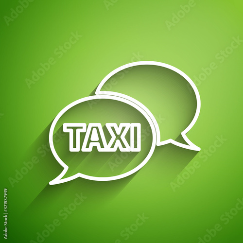 White line Taxi call telephone service icon isolated on green background. Speech bubble symbol. Taxi for smartphone. Vector Illustration