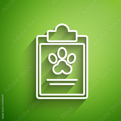 White line Clipboard with medical clinical record pet icon isolated on green background. Health insurance form. Medical check marks report. Vector Illustration