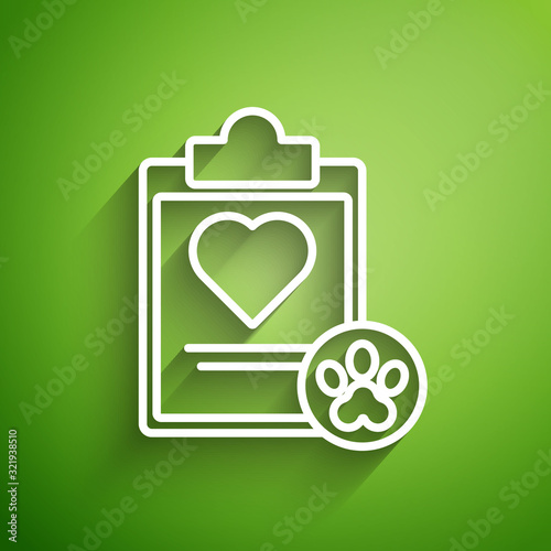 White line Clipboard with medical clinical record pet icon isolated on green background. Health insurance form. Medical check marks report. Vector Illustration
