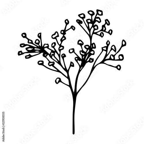 Small flowers twig black outline isolated on white background, stock vector illustration