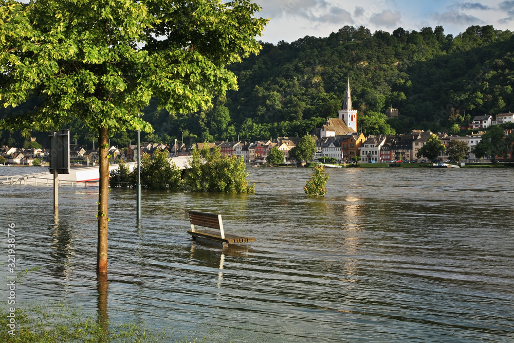 Flood on Rhine river in Sankt Goarshausen. Germany