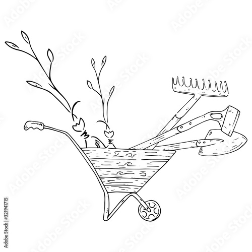Wheelbarrow for the garden icon. Vector illustration of a garden wheelbarrow for plants. Hand drawn wheelbarrow for the garden.