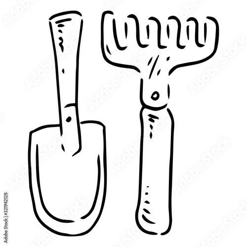Set of gardening tools icon. Vector illustration of a shovel and rake. Hand drawn garden rake and shovel.