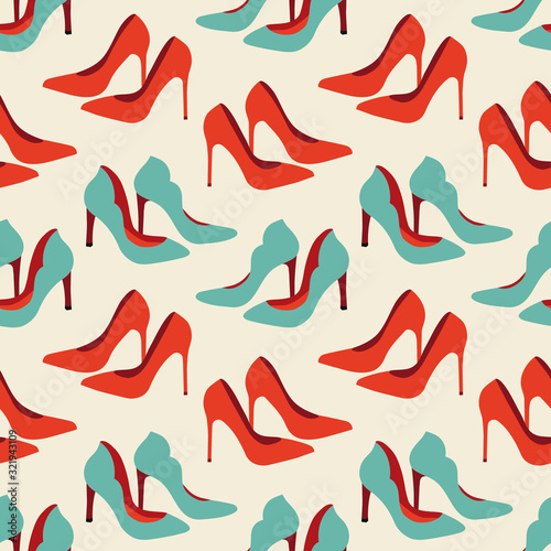 Vector seamless pattern with fashionable shoes. Handdrawn texture design.