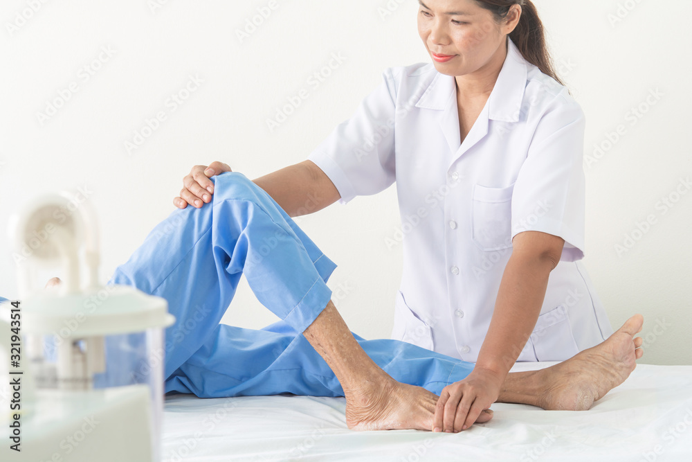 Fototapeta premium Physical therapy and Muscles tendons arm and hands in old patient bed