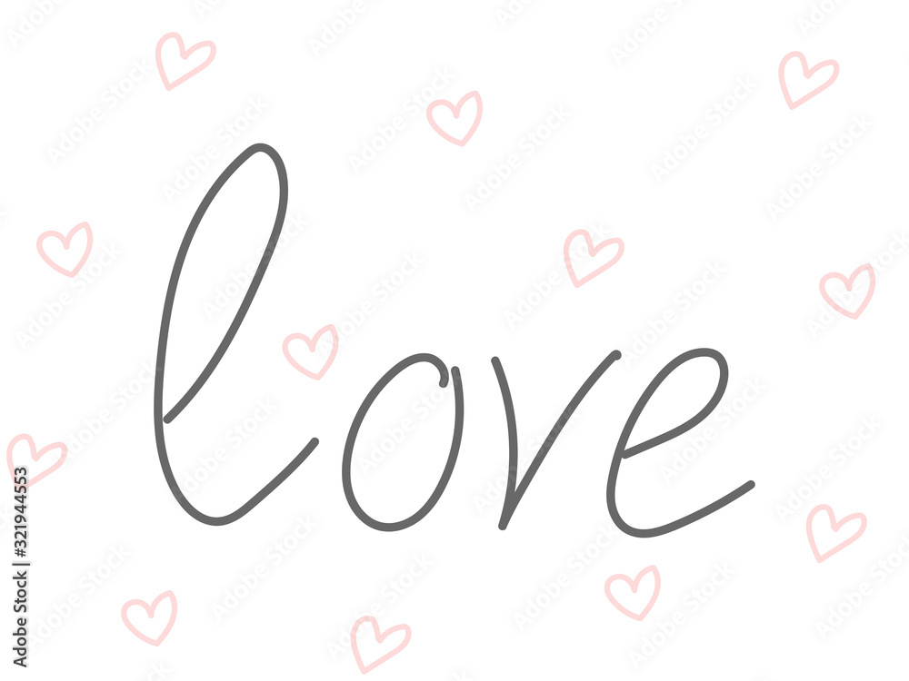 Word love on a white background with small pink hearts. Black outline. Lettering.