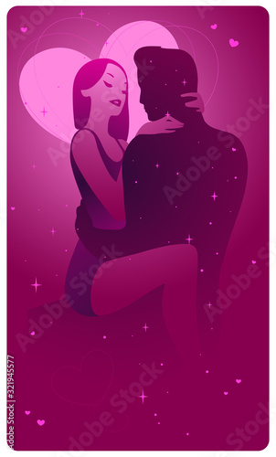 Vector illustration of a couple in love. Pink colours and hearts. St. Valentine's day theme.