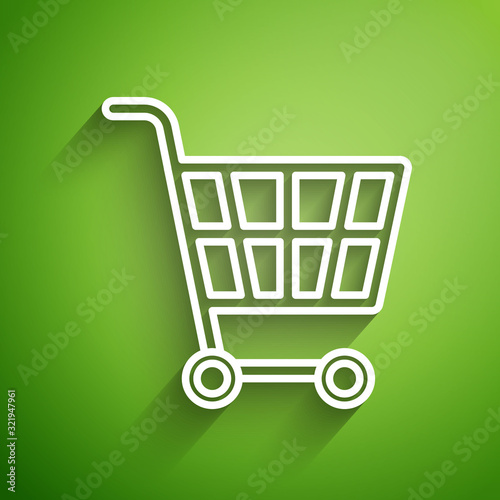 White line Shopping cart icon isolated on green background. Online buying concept. Delivery service sign. Supermarket basket symbol. Vector Illustration