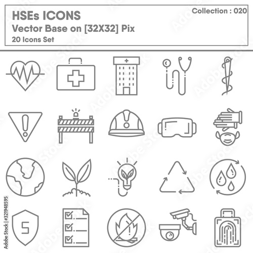 HSEs and Hazard Symbol for Construction Industry Icon Set, Icons Collection of Health Safety Environment and Security. Industrial Risk Management for Hazard Protection, Vector Illustration Design.