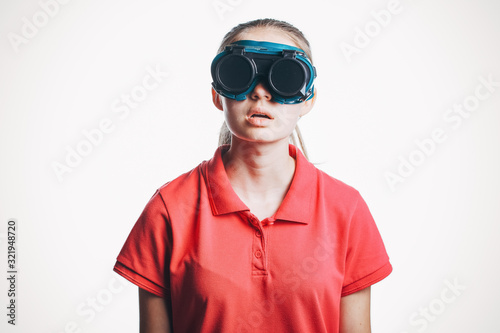girl in virtual reality glasses playing