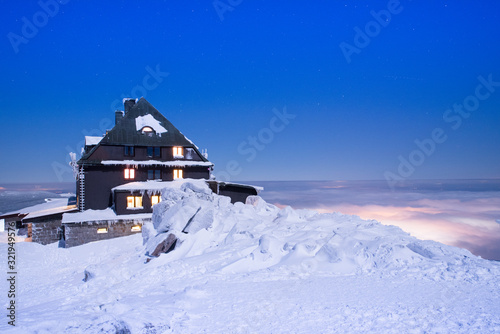 winter landscape Polish mountains Giant Mountains shelter