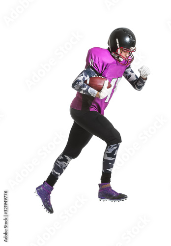 Running American football player on white background