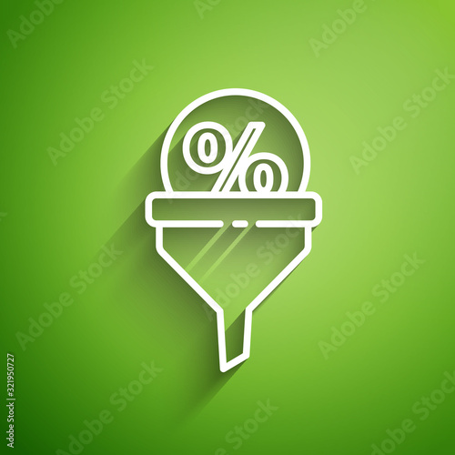 White line Lead management icon isolated on green background. Funnel with discount percent. Target client business concept. Vector Illustration
