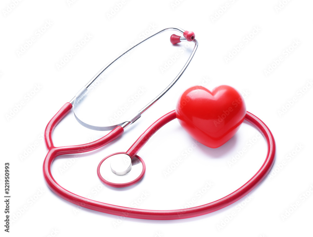 Stethoscope and heart on white background. Cardiology concept Stethoscope and heart on white background. Cardiology concept